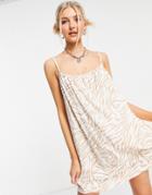 Asos Design Gathered Neck Strappy Mini Sundress In Natural Zebra Print-white