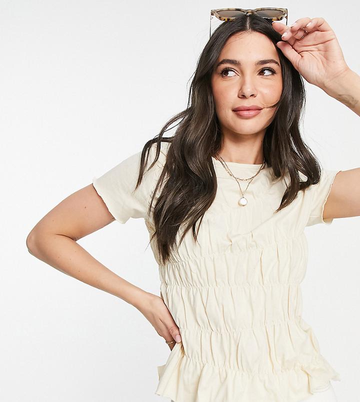 Topshop Tall Shirred Ruched Tee In Neutral