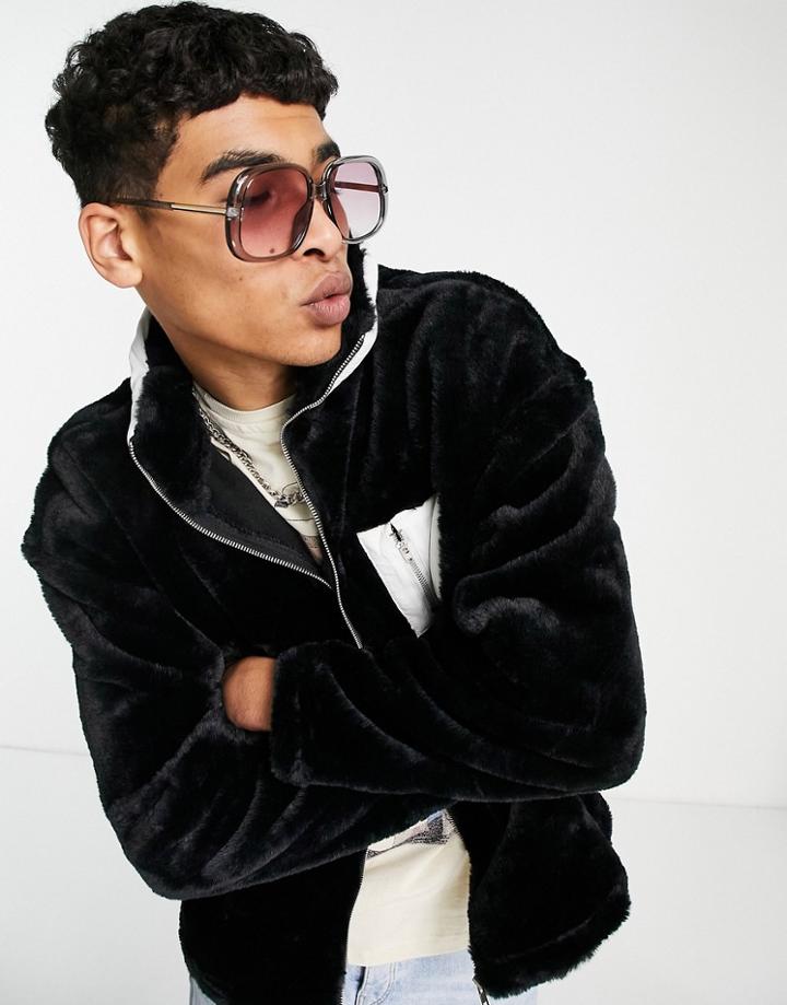 Liquor N Poker Jacket In Black Micro Fur With White Panels