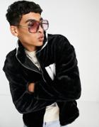Liquor N Poker Jacket In Black Micro Fur With White Panels