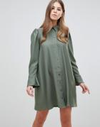 Asos Design Long Sleeve Mini Shirt Dress - Green