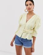 Asos Design 3/4 Sleeve Textured Wrap Top With Belt-white