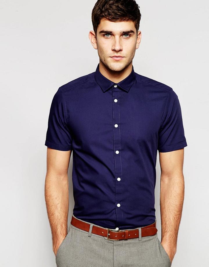 Asos Smart Shirt In Short Sleeve - Navy