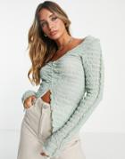 Topshop Textured Long Sleeve V Neck Top In Green-white
