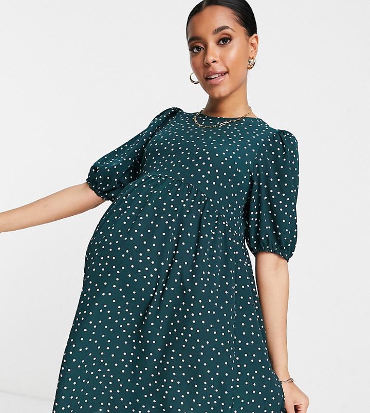 Asos Design Maternity Short Sleeve Smock Mini Dress In Bottle Green Spot Print-multi