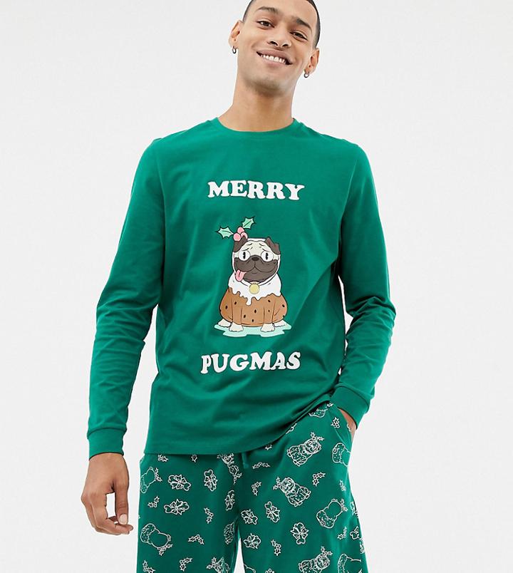 Asos Design Holidays Short Pyjama Set With Festive Pug Design-green