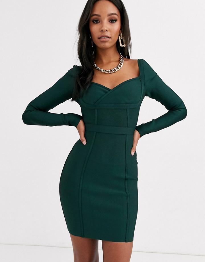 Band Of Stars Extreme Bandage Bardot Neck Paneled Mini Dress In Forest Green