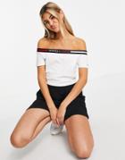 Tommy Jeans Elastic Logo Tape Cold Shoulder Top In White