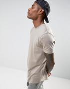 Asos Longline Relaxed T-shirt With Zip Hem In Beige - Beige