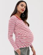 New Look Maternity Longsleeve Stripe Top In Pink Pattern - Pink