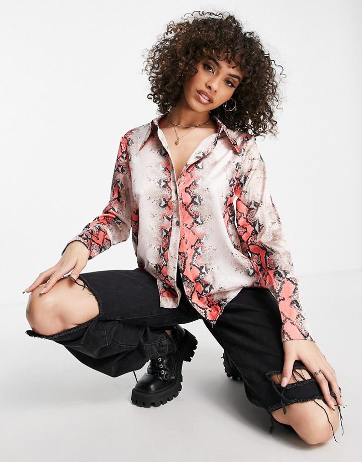 Missguided Slim Retro Shirt In Snake Print-multi