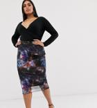 Rokoko Plus Mesh Midi Skirt With Split In Galaxy Print - Purple