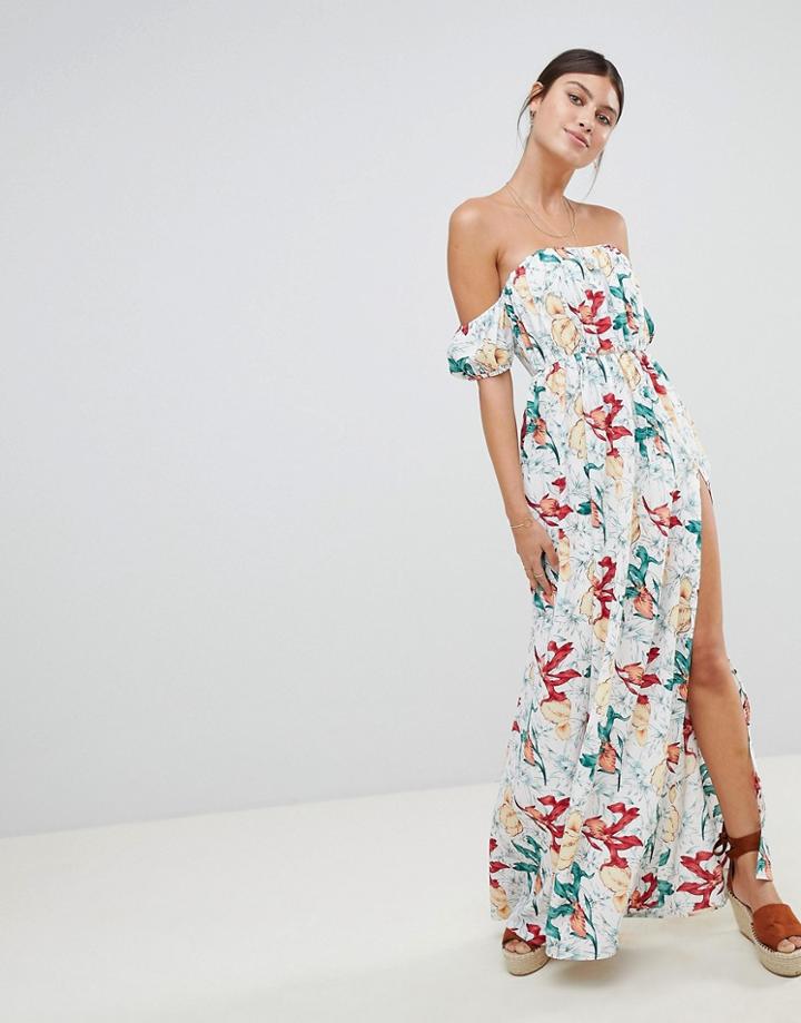 Prettylittlething Floral Bardot Maxi Dress With Side Split - Cream