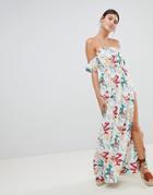 Prettylittlething Floral Bardot Maxi Dress With Side Split - Cream