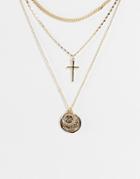 Topshop Multirow Necklace With Cross And Coin Pendant In Gold