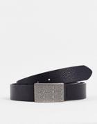 Asos Design Slim Faux Leather Belt With Textured Buckle In Black