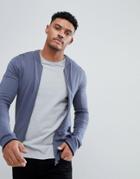 Asos Knitted Bomber Jacket In Denim Blue With Rib Tipping - Blue