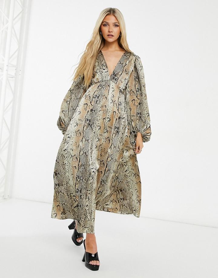 Object Satin V Neck Midi Dress With Volume Sleeves In Snake Print-multi