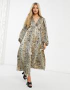 Object Satin V Neck Midi Dress With Volume Sleeves In Snake Print-multi