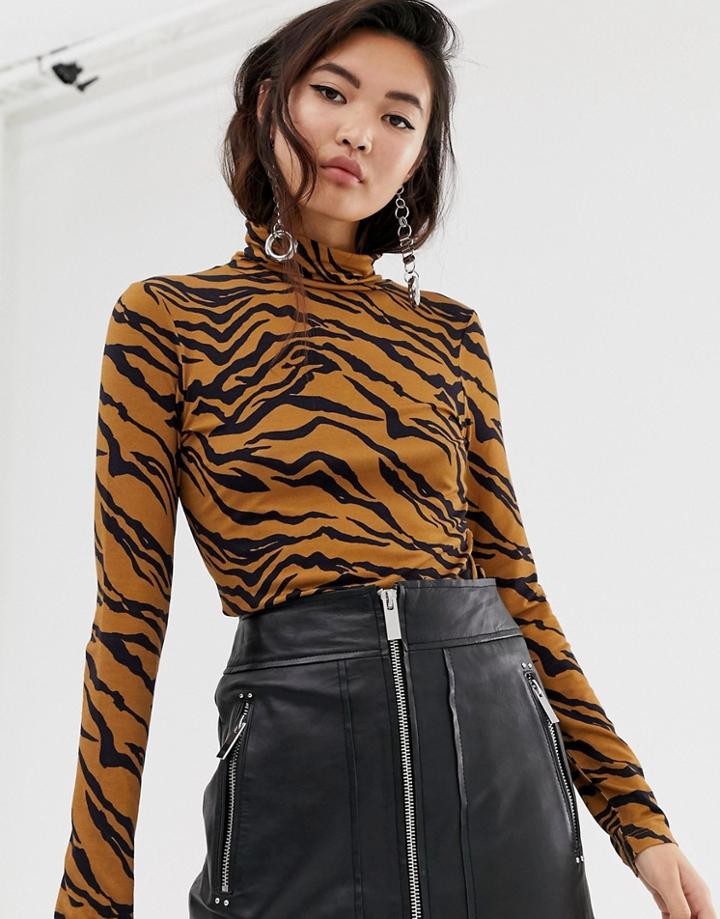 River Island High Neck Top In Tiger Print-brown