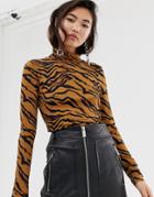 River Island High Neck Top In Tiger Print-brown