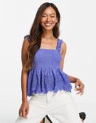 Mango Shirred Camisole Top In Blue-blues