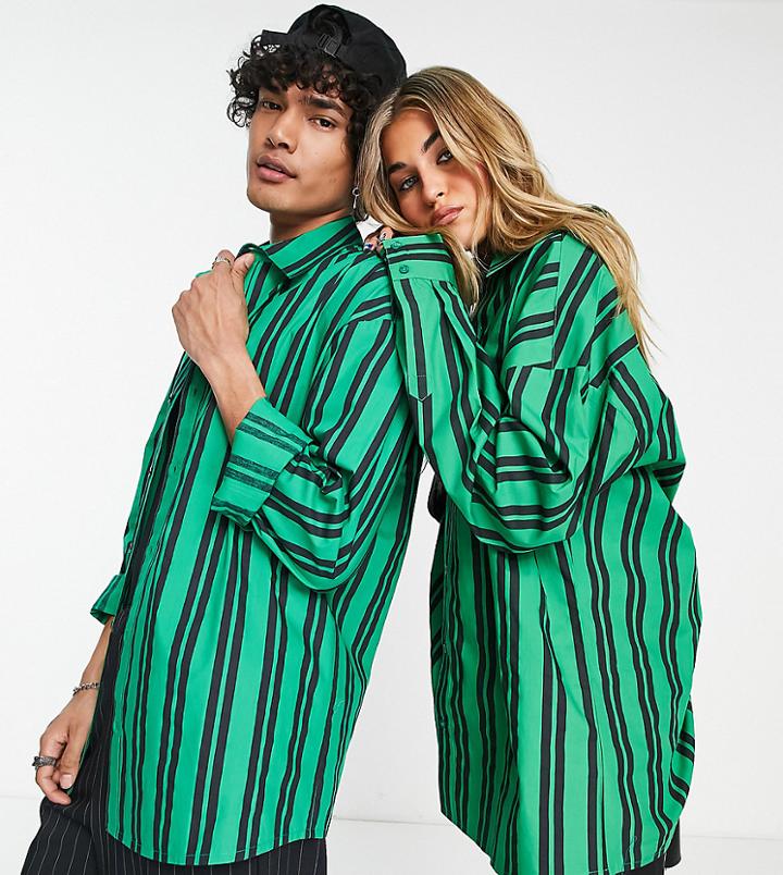 Collusion Unisex Poplin Oversized Shirt In Green And Black Stripe-multi