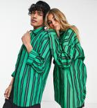 Collusion Unisex Poplin Oversized Shirt In Green And Black Stripe-multi