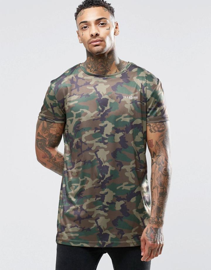 Illusive London Longline T-shirt In Camo Print - Green