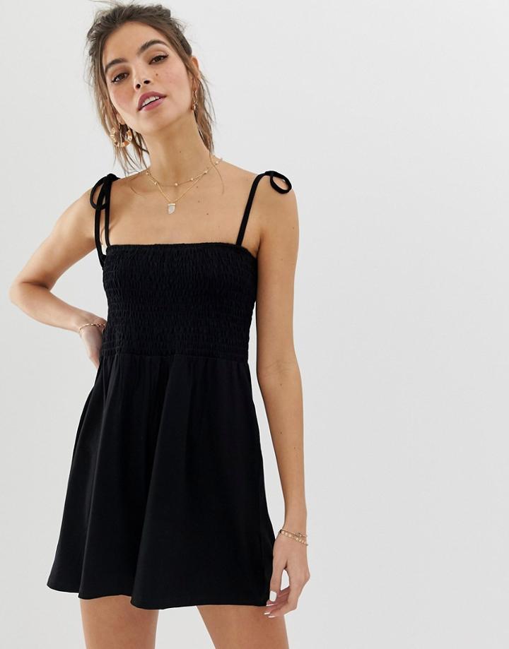 Asos Design Shirred Bodice Romper With Tie Straps-black