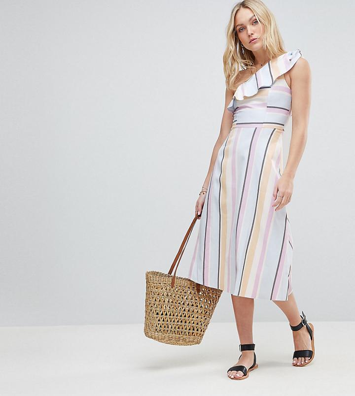 Asos Design Tall One Shoulder Bold Stripe Midi Dress - Multi