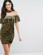 Love & Other Things Choker Neck Velvet Midi Dress With Frill Overlay - Green