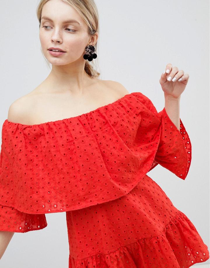 Asos Design Broderie Romper - Red