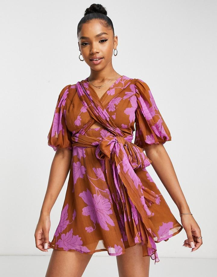 Asos Design Drape Chiffon Flippy Romper In Rust Floral Print-multi