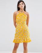 Aijek Lace Halter Neck Mini Dress With Cross Back - Yellow