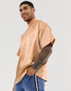 Asos Design Oversized T-shirt With Turtle Zip Neck In Satin Fabric In Gold - Gold
