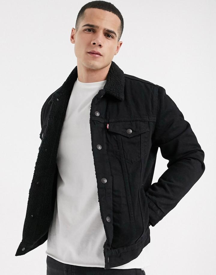 Levi's Type 3 Sherpa Lined Denim Trucker Jacket In Washed Black