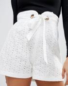 Prettylittlething Broderie Tie Waist Shorts - White