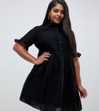 Asos Design Curve Casual Mini Shirt Dress With Frill Sleeve In Grid Texture-black