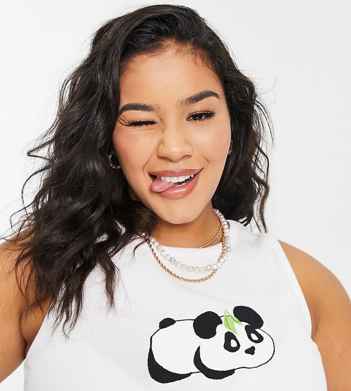 Native Youth Plus Fitted Rib Tank With Panda Embroidery-white