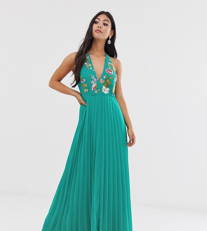 Asos Design Petite Maxi Dress With Pleat Skirt And Embroidered Bodice-multi