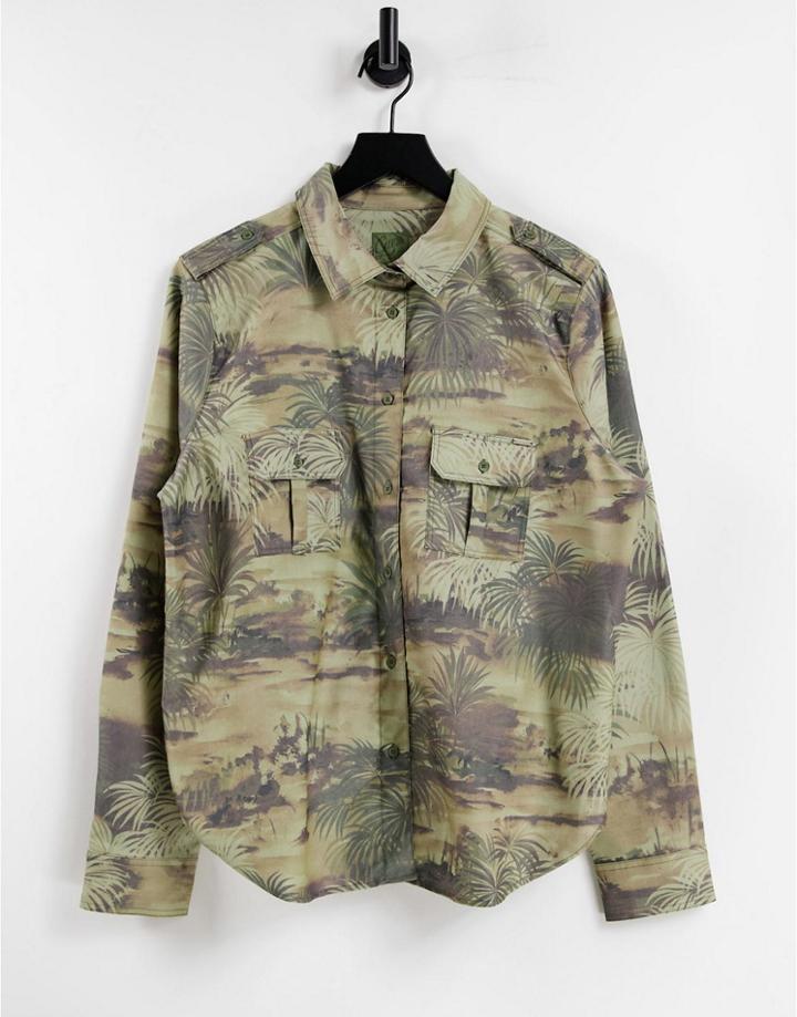 Guess Utility Button Through Shirt In Khaki-green