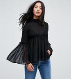 Asos Petite Shirred Smock Blouse With Fluted Sleeve - Black
