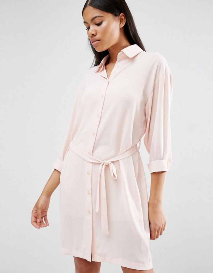 Love Long Sleeve Belted Shirt Dress - Blush