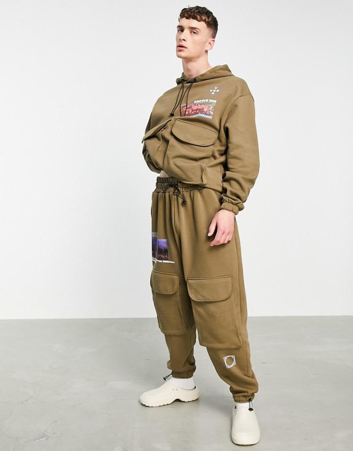 Asos Design Oversized Sweatpants In Brown With Cargo Pockets And Mountain Prints - Part Of A Set