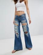 One Teaspoon Johnnies Low Waist Wide Leg Jean With Rips - Blue