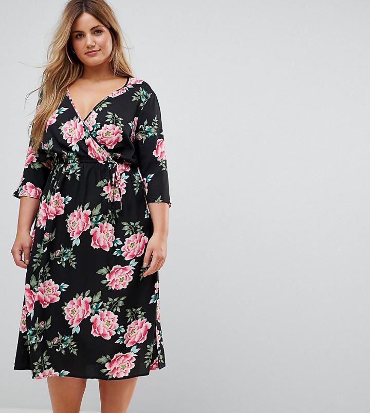 Influence Plus Floral Print Wrap Midi Dress With Flared Sleeve - Black