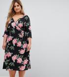 Influence Plus Floral Print Wrap Midi Dress With Flared Sleeve - Black