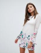 Jessica Wright Long Sleeve Shift Dress In Floral Border Print - Cream
