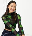 Collusion Mesh Long Sleeve Abstract Print Top In Green